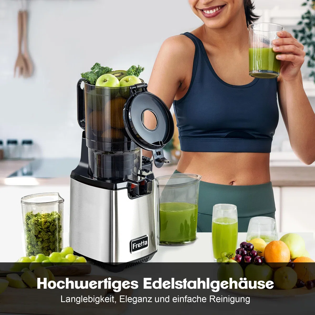 Fretta Entsafter Slow Juicer Edelstahl Entsafter Gemüse und Obst Testsieger | 135MM Öffnung & 1,8L Juicer Machine mit Umkehrfunktion, Einfache Installation, Leicht zu Reinigen, 100% BPA Frei, 250W