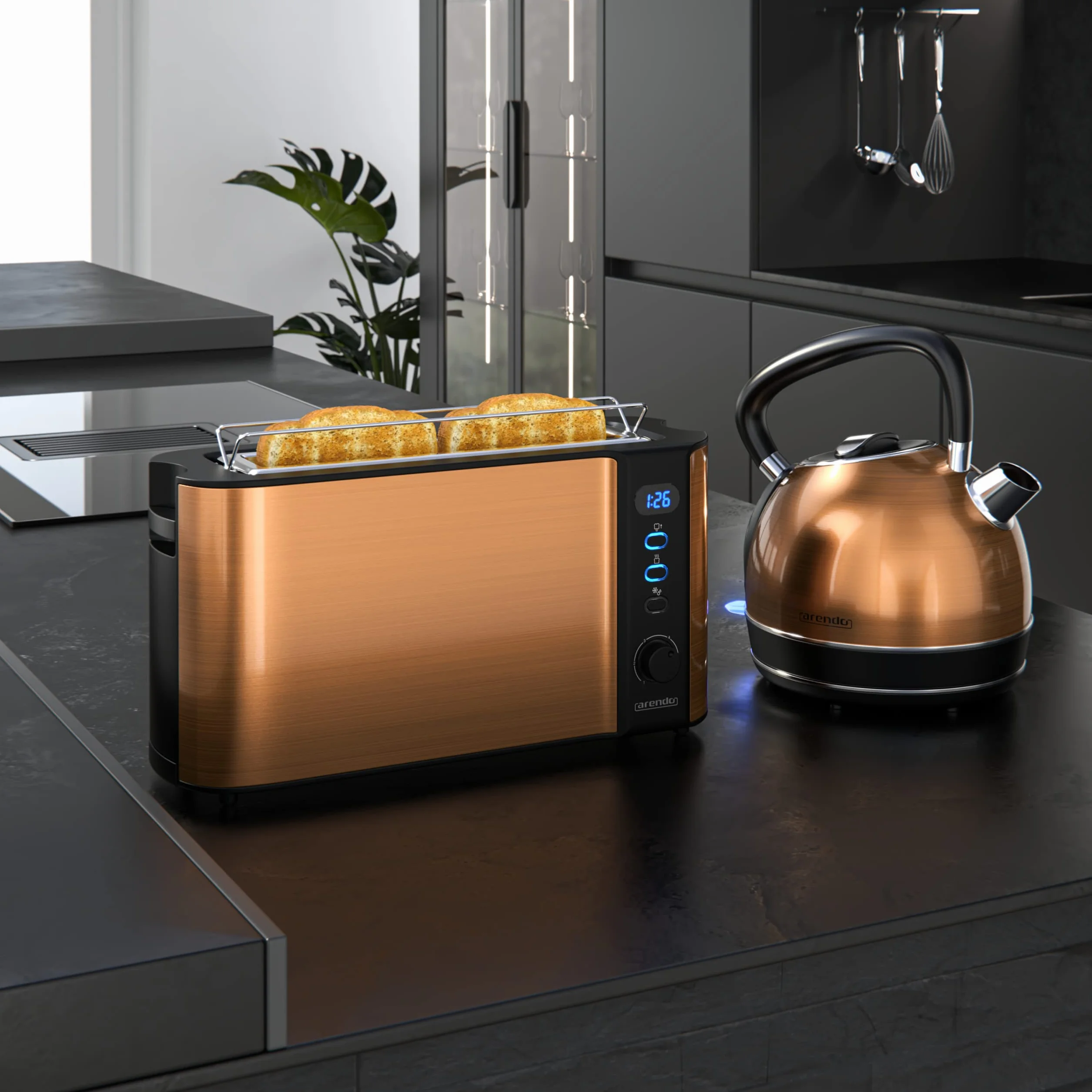 Arendo Wasserkocher Toaster SET Kupferoptik 2200W 1,7L 2 Scheiben Langschlitztoaster