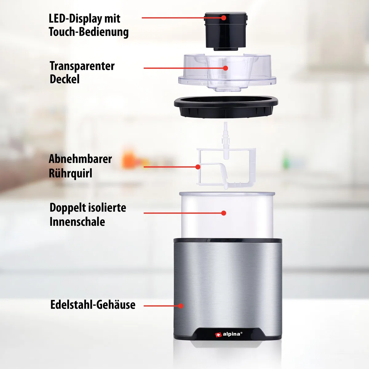 alpina Eismaschine - Softeismaschine für Zuhause - Eiscreme Maschine Geeignet für Eiscreme, Gelato, Gefrorener Joghurt und Sorbet - Inhalt 2L - Automatische Selbstabschaltung - Edelstahl - Silber