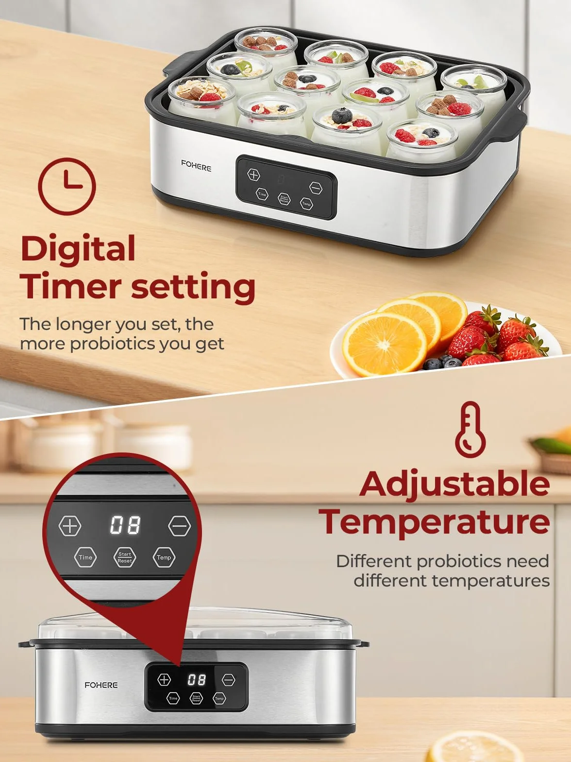 FOHERE Joghurtbereiter 25W inkl. 12 Glasbehälter à 180 ml für bis 2,16L Selbstgemachten Joghurt, Griechischer Joghurtmaschine mit Temperatur und Timer, LCD Display, Abschaltautomatik, BPA-frei