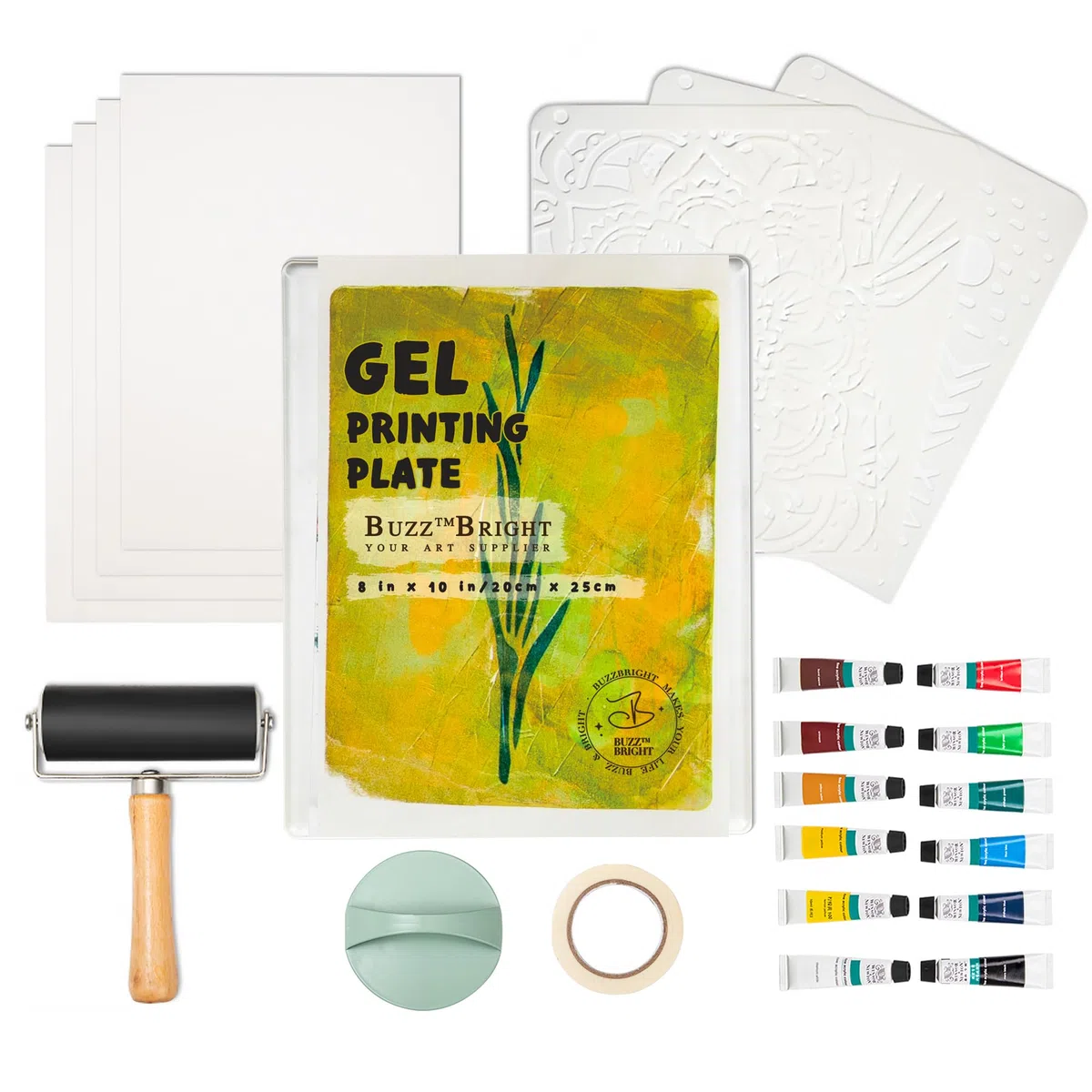 Gelteller-Druck-Starter-Set, wiederverwendbar, 20,3 x 25,4 cm, enthält Brayer, Druckpapier, Farben und wichtige Werkzeuge für Monotyp-Druckherstellung, Kartenherstellung, Scrapbooking
