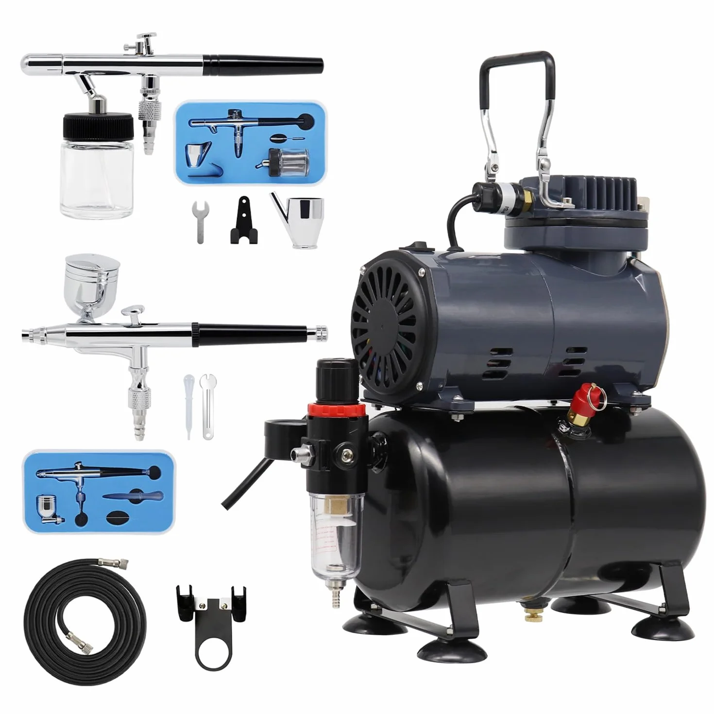 Airbrush Kit AS186 AS 186 mit Kompressor mit Tank + 2 x Double Action Airbrush + Schlauch
