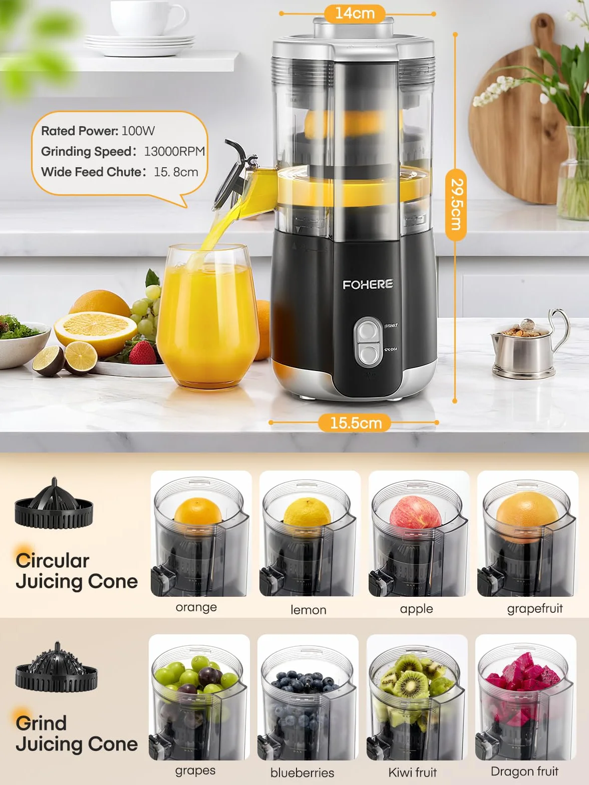 FOHERE Zitruspresse Elektrisch, Automatische Saftpresse Elektrisch Orangenpresse Mit 100 W Leiser Motor, BPA-frei, 2 Presskegeln für Zitrone,Apfel,Trauben und Granatäpfel, Schwarz