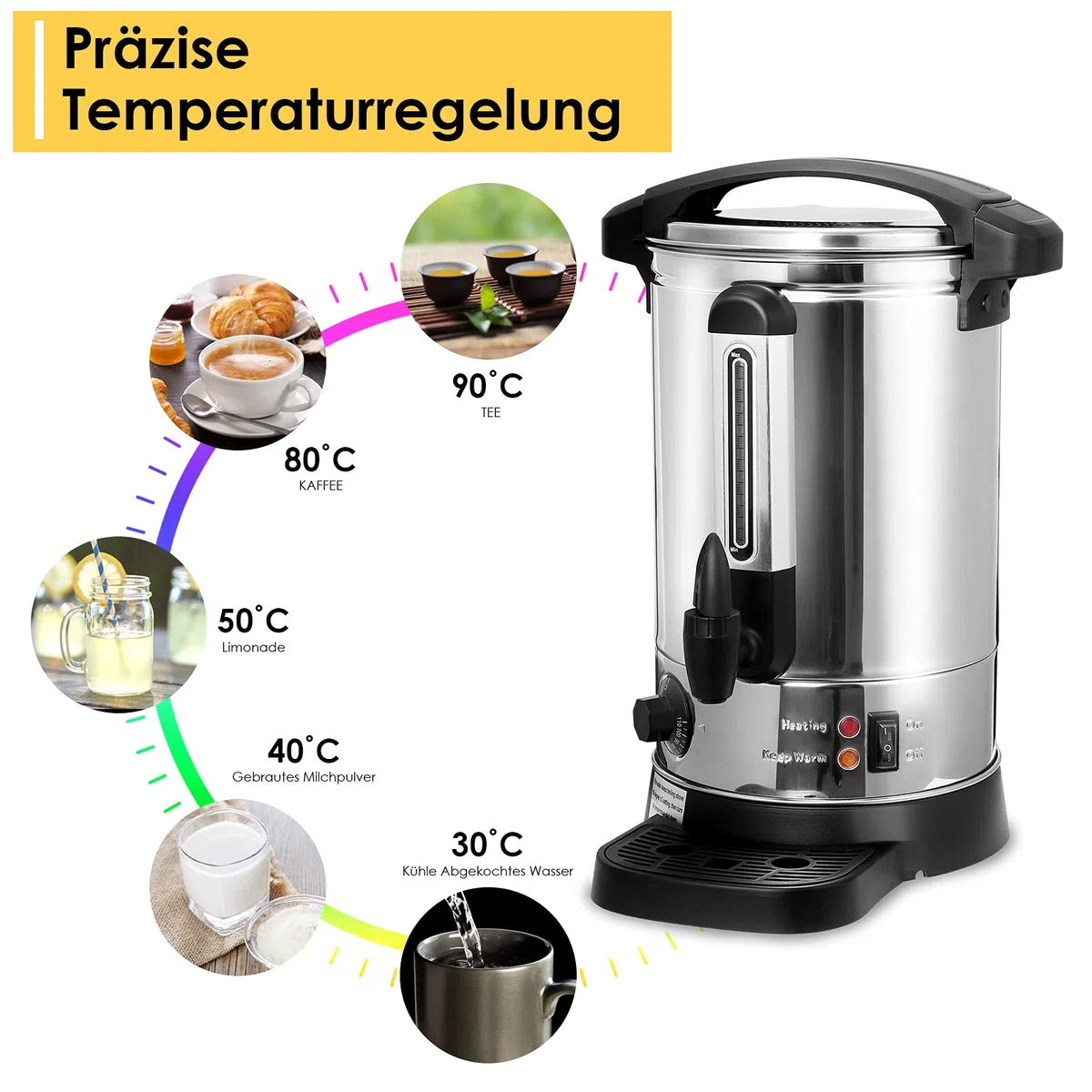 8,8L Glühweinkocher, Glühweinkessel Heißwasserspender aus Edelstahl, mit Auffangschale Zapfhahn Thermostat Füllstandanzeige, Glühwein Heißgetränkeautomat