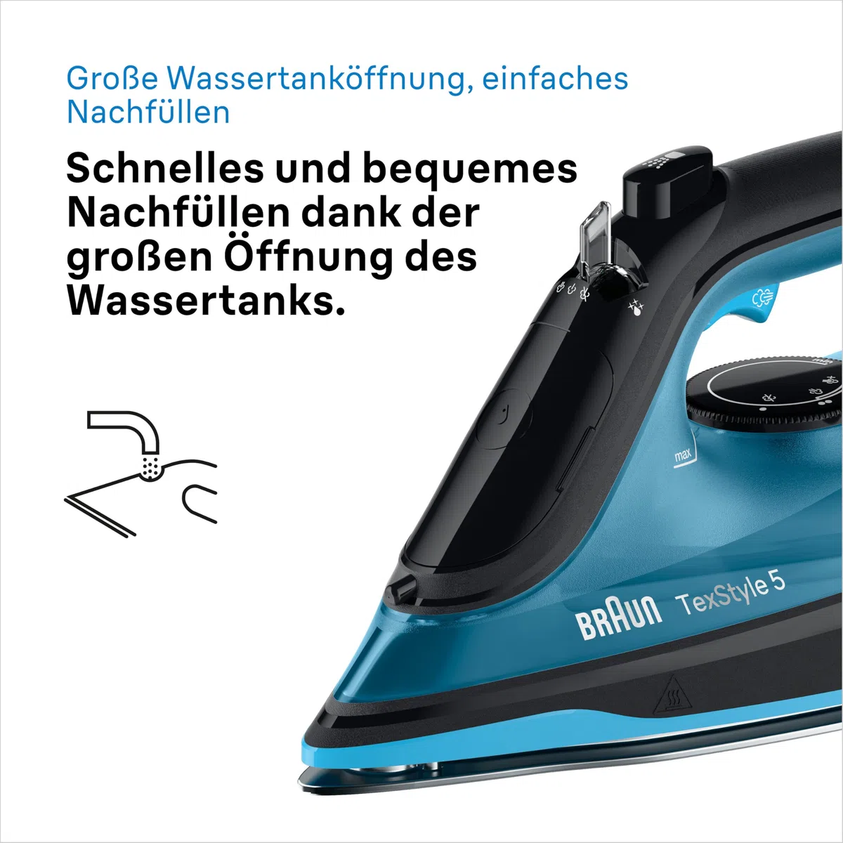 Braun TexStyle 5 SI5256 BL Dampfbügeleisen mit FreeGlide 3D Bügelsohle, Präzisionsspitze, Vertikaldampf, Anti-Tropf-System, 210 g/min Dampfstoß, 300ml Wassertank, 2600W, Schwarz/Blau