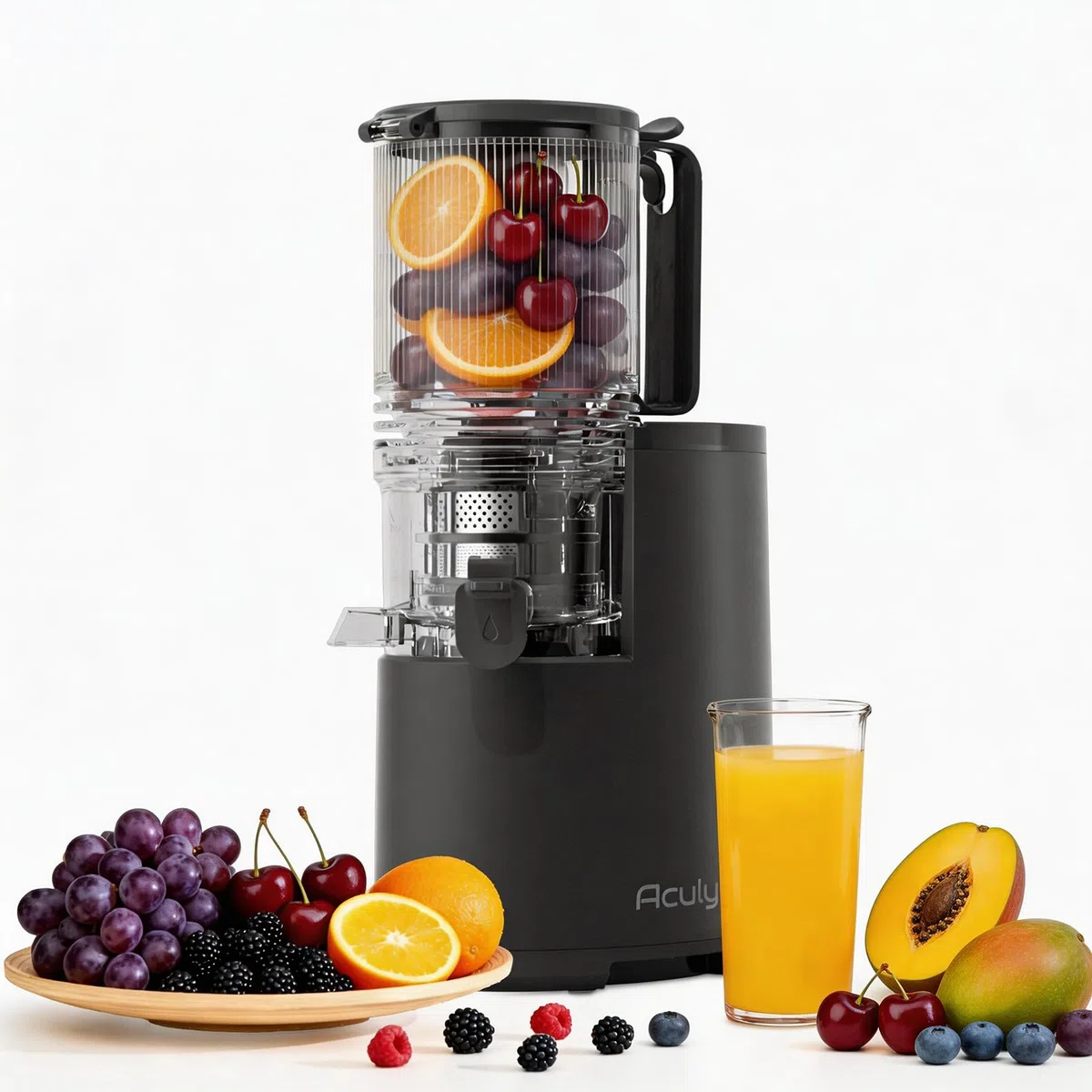 Entsafter Slow Juicer, große Öffnung von 130 mm, 1,9 L Fassungsvermögen, 250 W, Vorwärts/Rückwärtslauf, hoher Ertrag, leicht zu reinigen mit Bürste, schwarz matt