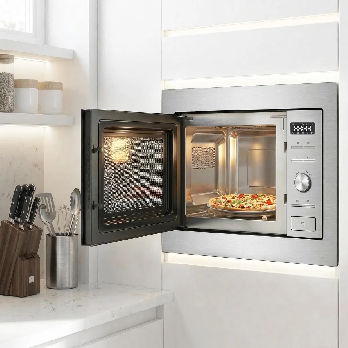 HMW-MDBI28GDIX Einbau-Mikrowellenofen – 28 L Garraum, Digitale Touch-Bedienung, Leistungsstarker Grill, Kombi-Mikrowelle, Automatikprogramme, Edelstahl-Design (Inox), 5 Jahre Garantie