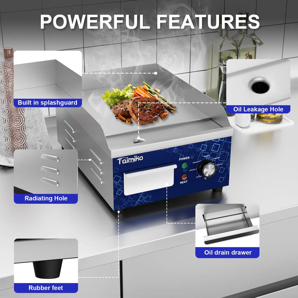 TAIMIKO Elektrische Grillplatte glatt 1700 W Elektro-Grillplatte Edelstahl Gusseisen Gastro Griddleplatte Präzise Temperaturregelung