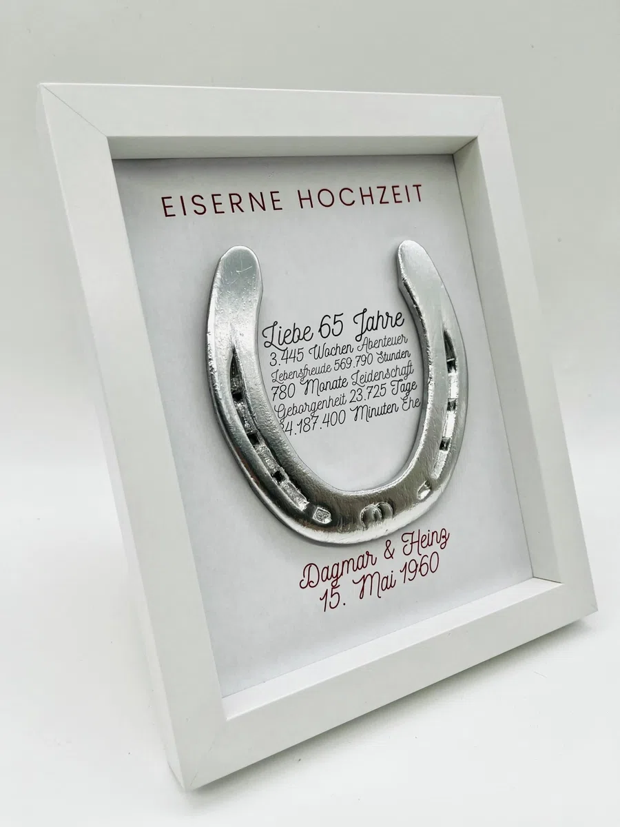 Generisch Geschenk zur eiserne Hochzeit, Eiserne Hochzeit, Wandbild 65 Jahre Ehe, personalisiertes getragenes Hufeisen (Hellbrau)
