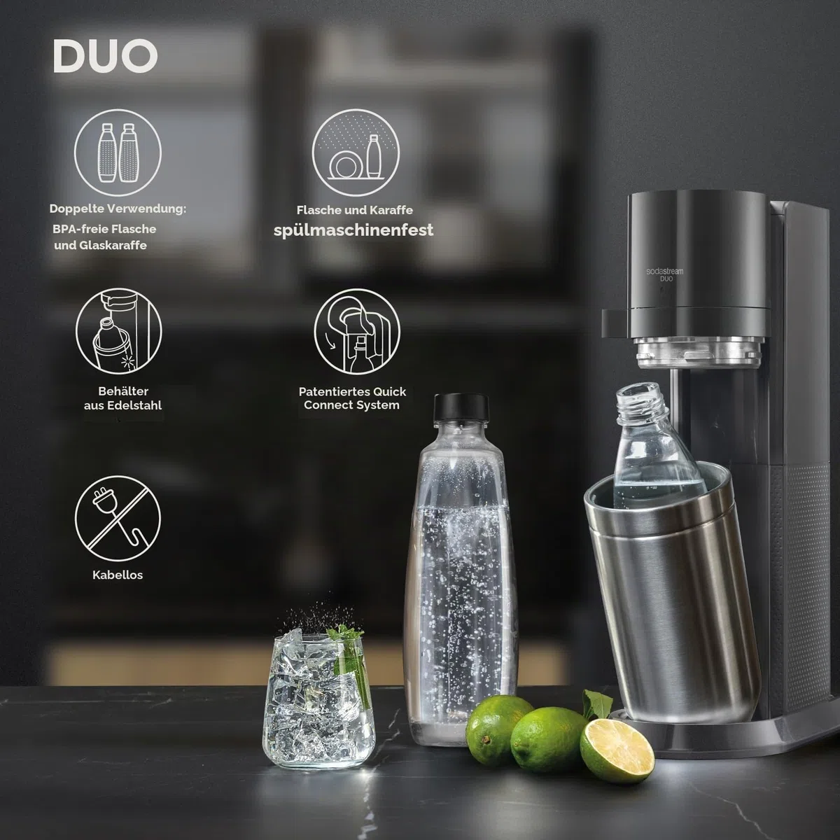 SodaStream Wassersprudler DUO Vorteilspack mit 1x Quick-Connect CO2-Zylinder, 2x 1L Glasflasche und 1x 1L spülmaschinenfeste Kunststoff-Flasche, Höhe: 44cm, Farbe: Titan