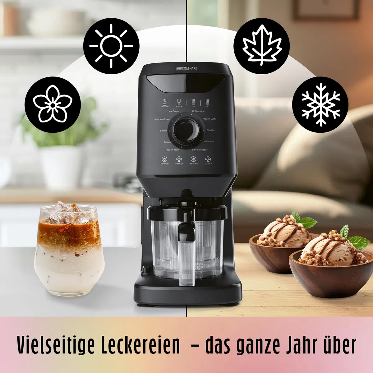 GOURMETmaxx SmoothUp Eismaschine 800 Watt | Eismaschine 10 Programme inkl. Mix-in-Funktion | Eiscreme-Maschine – Slushies & Eiscreme selber machen | Speiseeisbereiter LED Display – 2 Becher inklusive