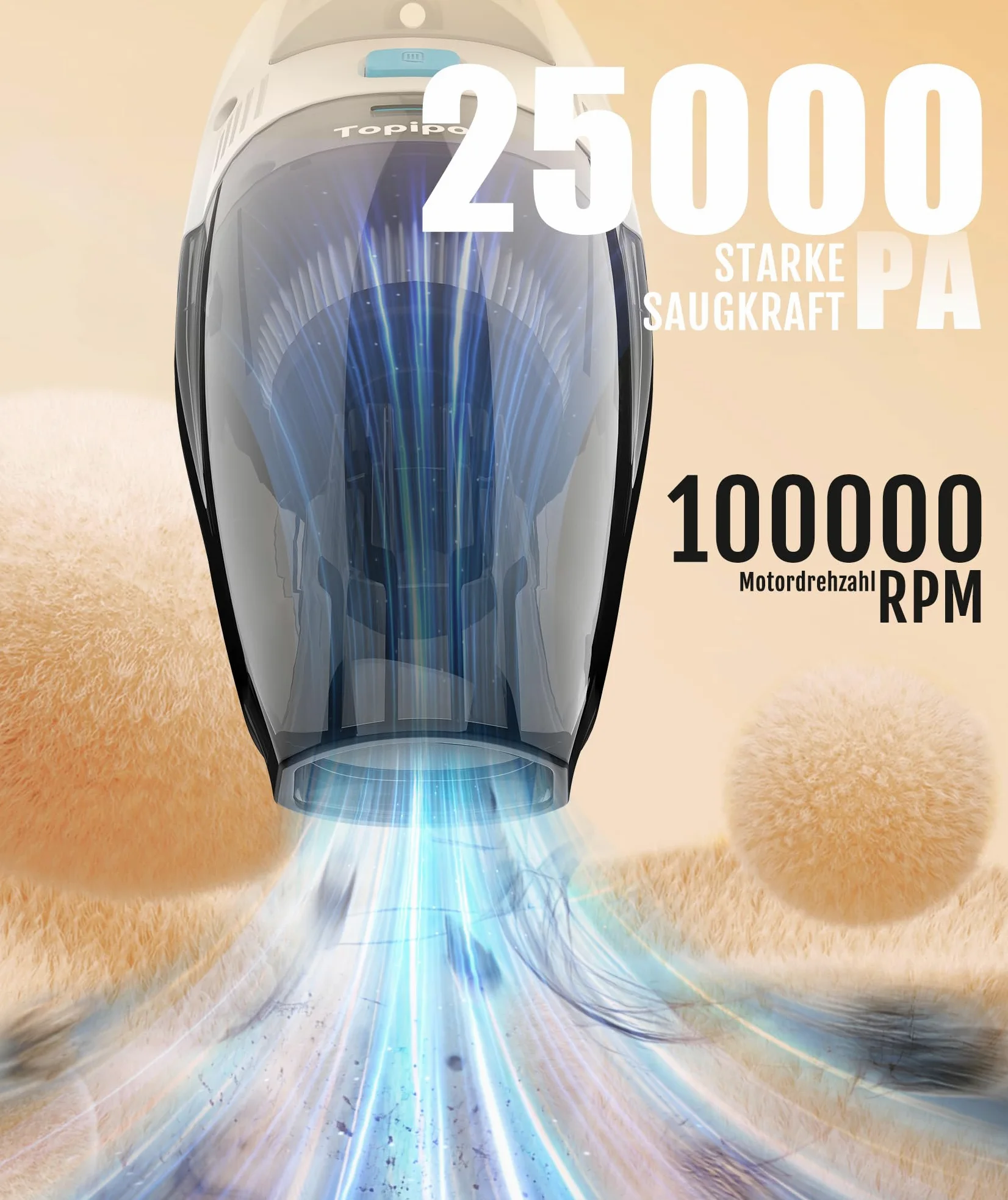 Topipop Handstaubsauger Akku mit 25000Pa Starke Saugkraft,Kabelloser Staubsauger mit HEPA-Filter & Aufsätzen–Leichter Autostaubsauger für Tierhaare,Teppich Haus,Büro,Küche (Weiß)
