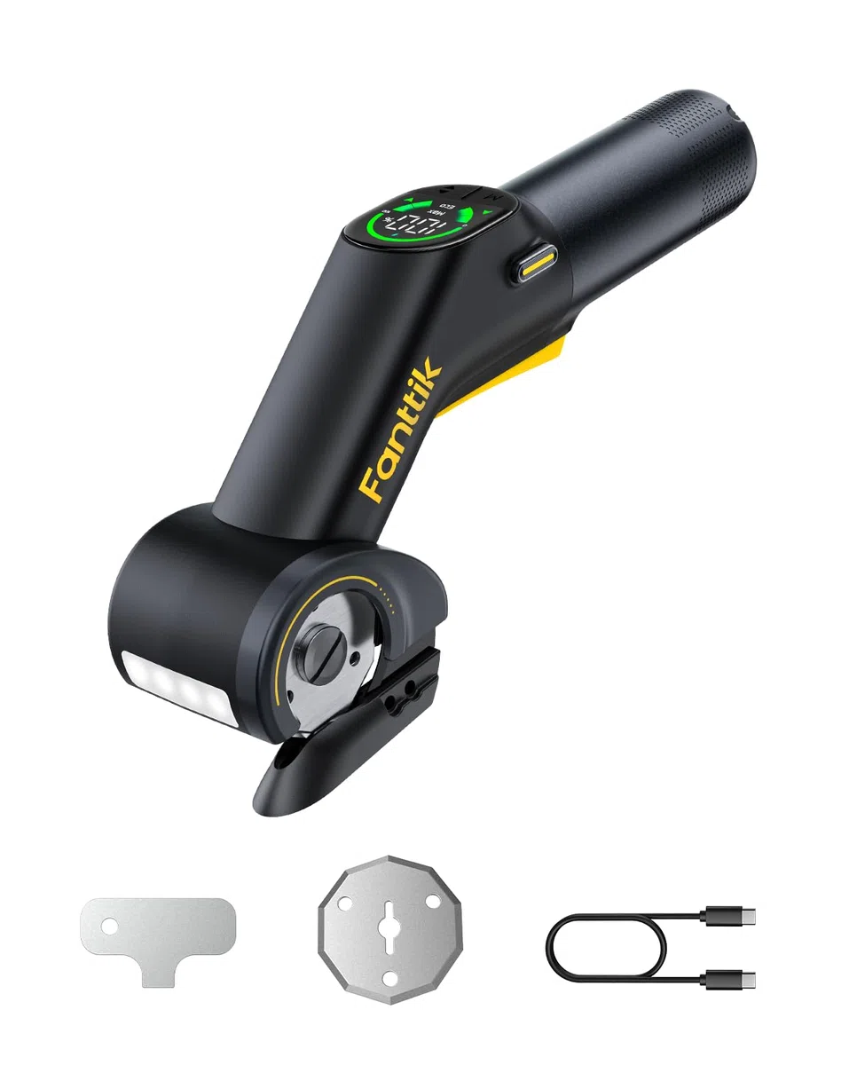 Fanttik C10 Pro BowGuide Elektrischer Kartonschneider, Kalbellose Schere mit LED Anzeige, 2-Geschwindigkeiten, Wiederaufladbarer Rotationsschneider mit Klingen für Stoff, Teppich, Leder, Karton