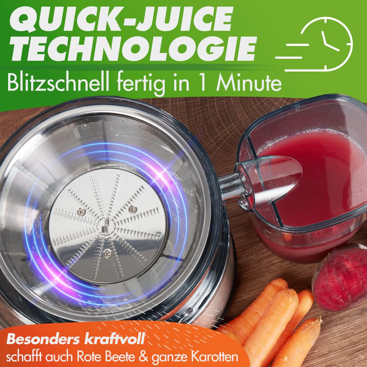 Nutrilovers Entsafter QUICK-JUICER MAX Zentrifugal-Entsafter Obst und Gemüse entsaften, 800W, XXL Einwurf, Edelstahl-Sieb, Externer Tresterbehälter, BPA-frei inkl. Trinkflasche + Rezeptbuch