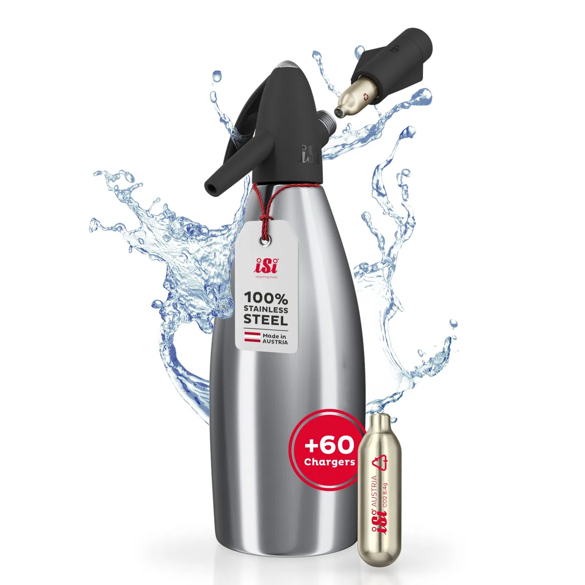ISI Soda Siphon 1L inkl. 6 x 10 CO2 Kapseln für Soda & Sprudel - Edelstahl Wassersprudler Set + CO2 Kartuschen - Wasser Sprudler - Bar Zubehör