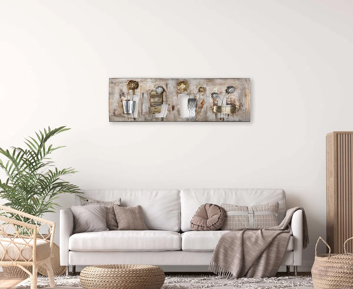 House of Arts | Metallbild 'Planteuse' | Moderne Wanddekoration mit Blumen | Wandbild 3D Wandrelief | Wanddeko Hergestellt in Handarbeit aus Metall | 120 x 40 cm | Bronze Silber Gold