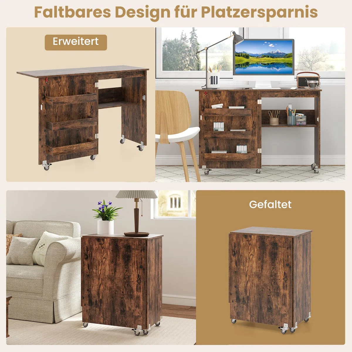 COSTWAY 2 in 1 Nähschrank & Schreibtisch klappbar, Nähtisch aus Holz mit 3 Einlegeböden für Spulen & feststellbare Rollen, Nähmaschinenschrank für Wohnzimmer, Schlafzimmer & Büro (Braun)