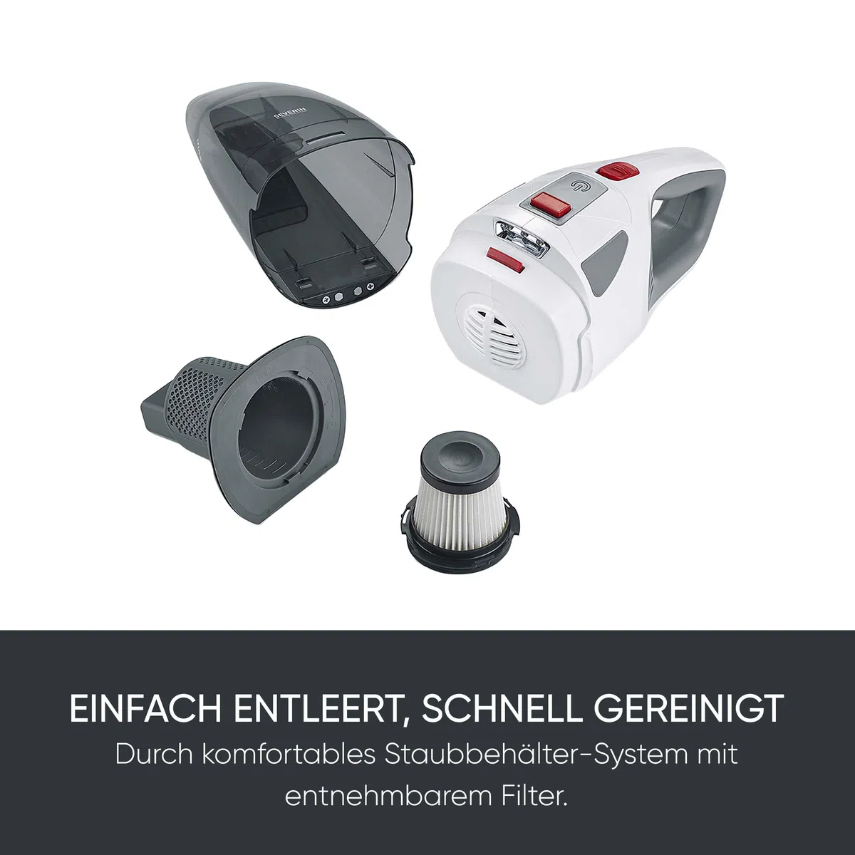 Severin 4-in-1 Akku-Handstaubsauger, kabelloser Nass- & Trockensauger für Autositze, Handsauger für Tierhaare & Flüssigkeiten, bis zu 30 Min Laufzeit im Eco-Mode, weiß-graurot, HV 7146