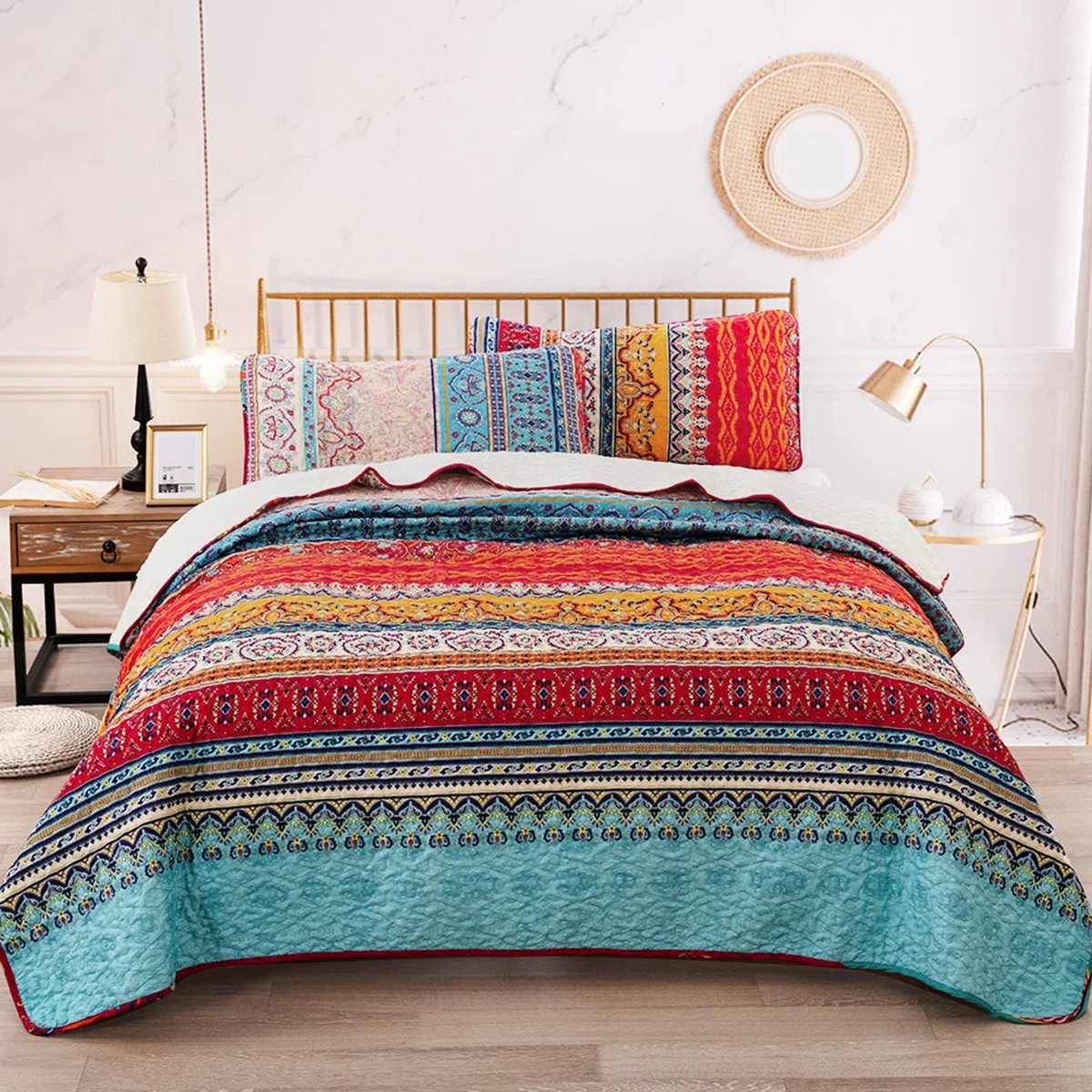 WONGS BEDDING Tagesdecke 220x240 Bettüberwurf Boho Steppdecke 3-teilig Mikrofaser mit 2 Kissenbezug 50x70