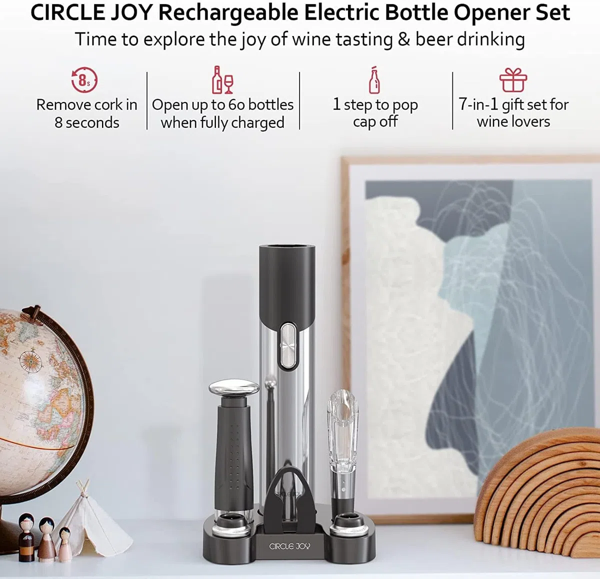 CIRCLE JOY Elektrischer Korkenzieher, 7 in 1, wiederaufladbar, Geschenkset für Wein und Bier, mit Sockel, Folienschneider, Weinbelüfter, Vakuumpumpe und 2 Weinkorken