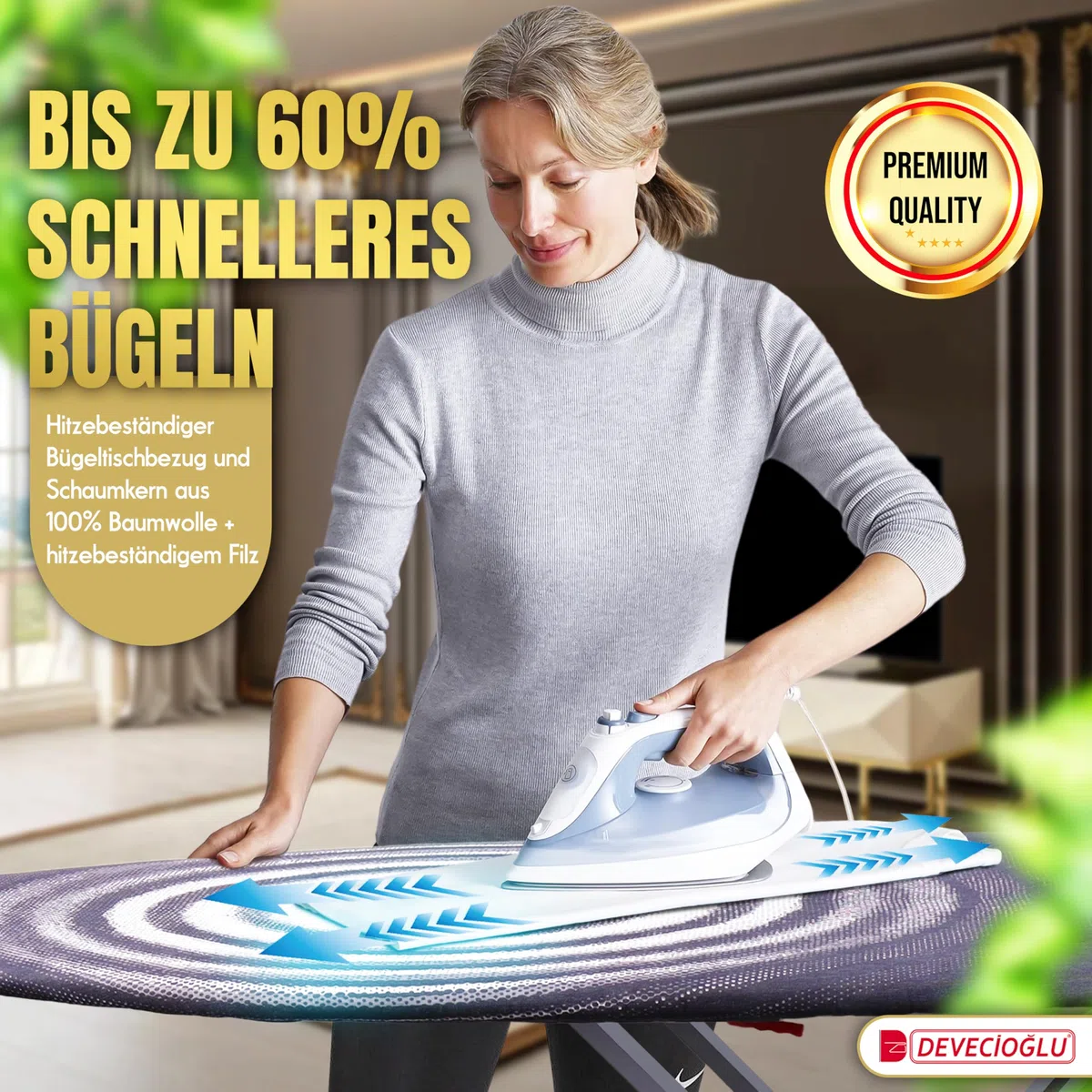 DEVECIOĞLU Bügelbrett 127x46cm - XL Bügeltisch für Dampfbügelstation, Bügelbrett Groß, klappbarer Bügeltisch, höhenverstellbar, Ironing Board, (MM123)