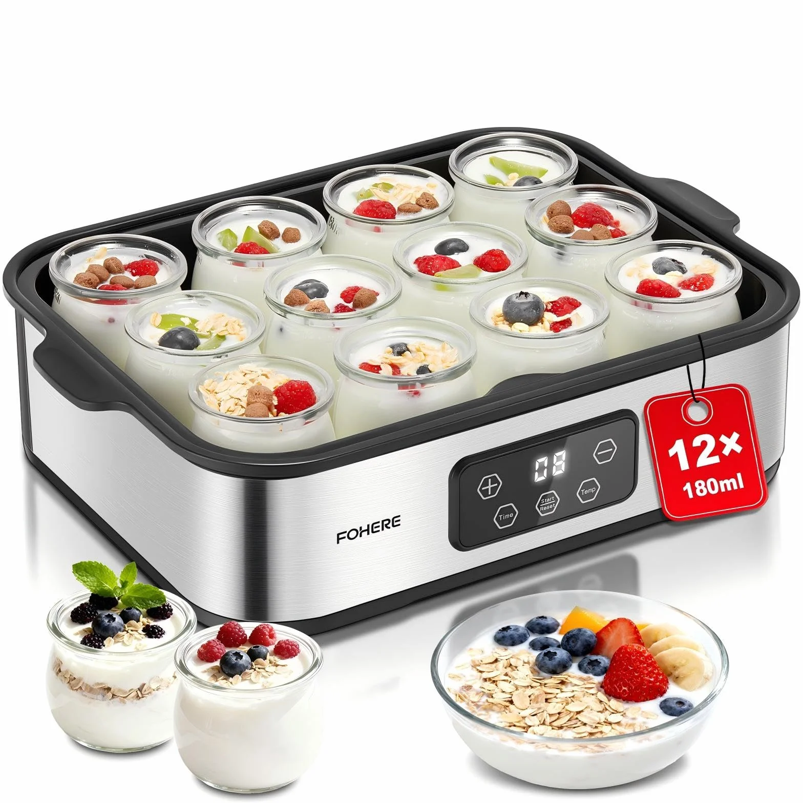 FOHERE Joghurtbereiter 25W inkl. 12 Glasbehälter à 180 ml für bis 2,16L Selbstgemachten Joghurt, Griechischer Joghurtmaschine mit Temperatur und Timer, LCD Display, Abschaltautomatik, BPA-frei