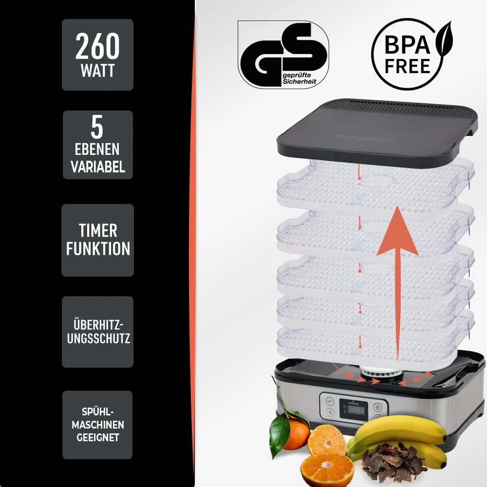 Dörrautomat | Elektrischer Obst-, Fleisch- & Kräutertrockner | 5 Einlegeböden | Timer & Überhitzungsschutz | Gesunde Snacks ohne Zusatzstoffe | 260 Watt Leistung