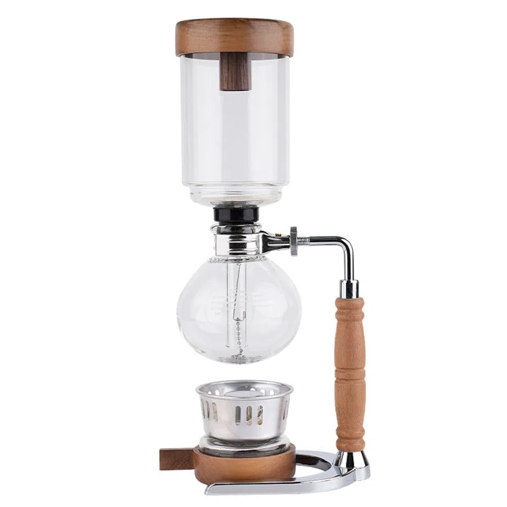 Glas-Siphon-Kaffeemaschine für 3 Tassen mit rustikalen Holzdetails