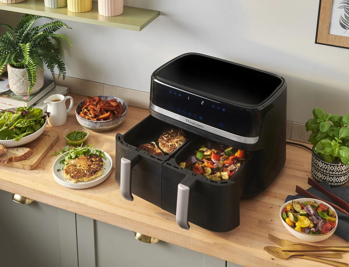 Russell Hobbs Heißluftfritteuse 2 Kammern 9L Rapid AirFryer [2 Fächer je 4,5l, sehr leiser Betrieb, 9 Programme] SatisFry Fritteuse (spülmaschinenfest, Match & Synchronisierungsfunktion) 27681-56
