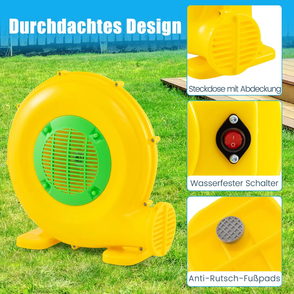 RELAX4LIFE 450W Gebläse Hüpfburg, Luftgebläse mit Praktischem Griff und 2 Erdspießen, Leistung 1650 Pa, Kapazität 850 m³/h, Elektrische Gebläse für Hüpfburgen, Wasserrutschen, Gelb