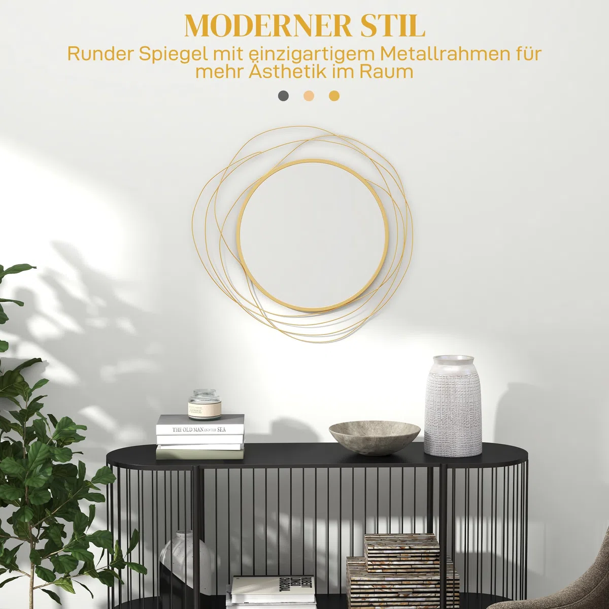 HOMCOM Wandspiegel, Ø65 cm Wandschmuck mit Spiegel, Metallrahmen, Flurspiegel, Wandkunstwerk für Wohnzimmer, Schlafzimmer, Gold