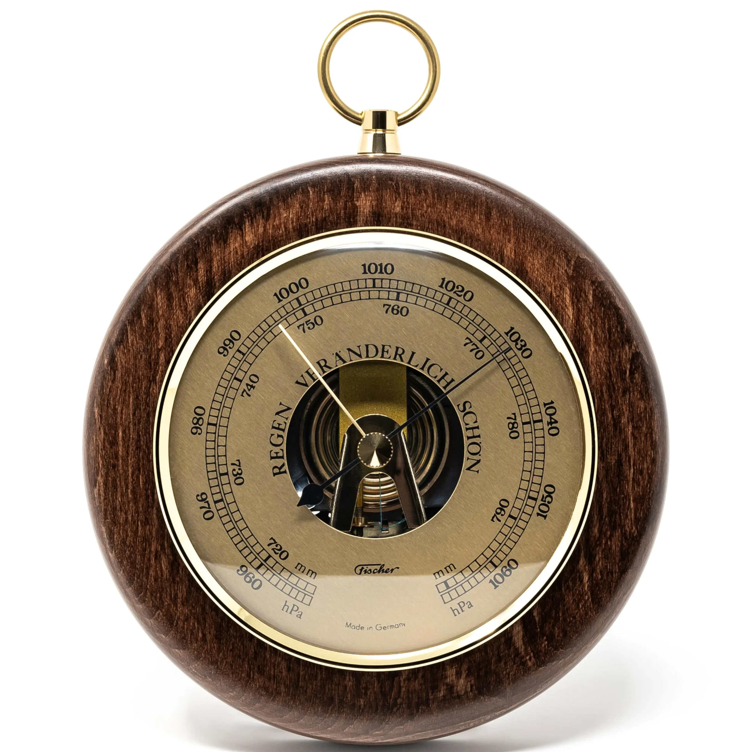 Fischer 1366R-12 Barometer - 140 mm Druckmessgerät mit Echtholz-Gehäuse nussbaumfarben gebeizt - Made in Germany