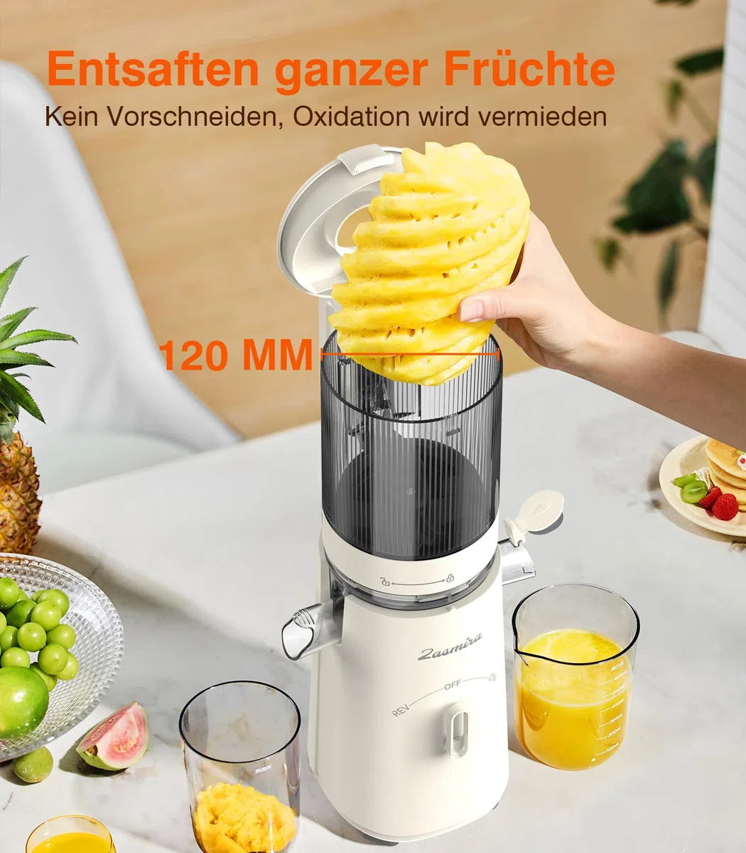 Zasmira Entsafter Slow Juicer mit hohem Drehmoment und 120MM-Einfüllschacht, Kein Vorschneiden entsafter für gemüse und obst, 99,6% Saftreinheit, 1,5L, REV-Modus, einfacher zu reinigen, Reinweiß