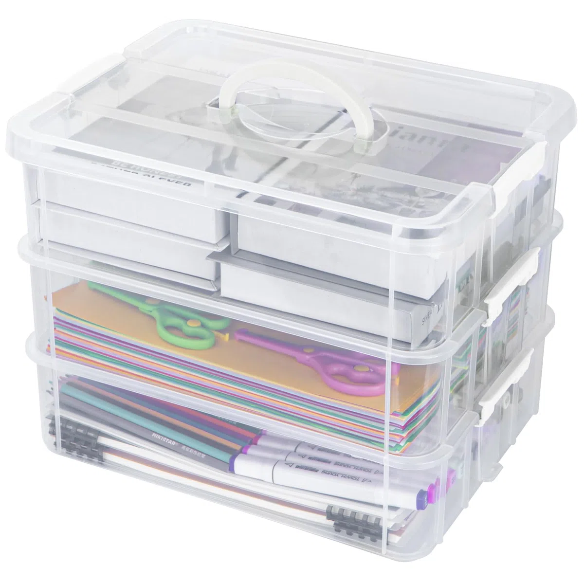 Creahaus 3-Stöckige Aufbewahrungsbox mit Deckel, Stapelbare Aufbewahrungsboxen für Bastelmaterial, Nähkasten, Sortierbox (weiß)