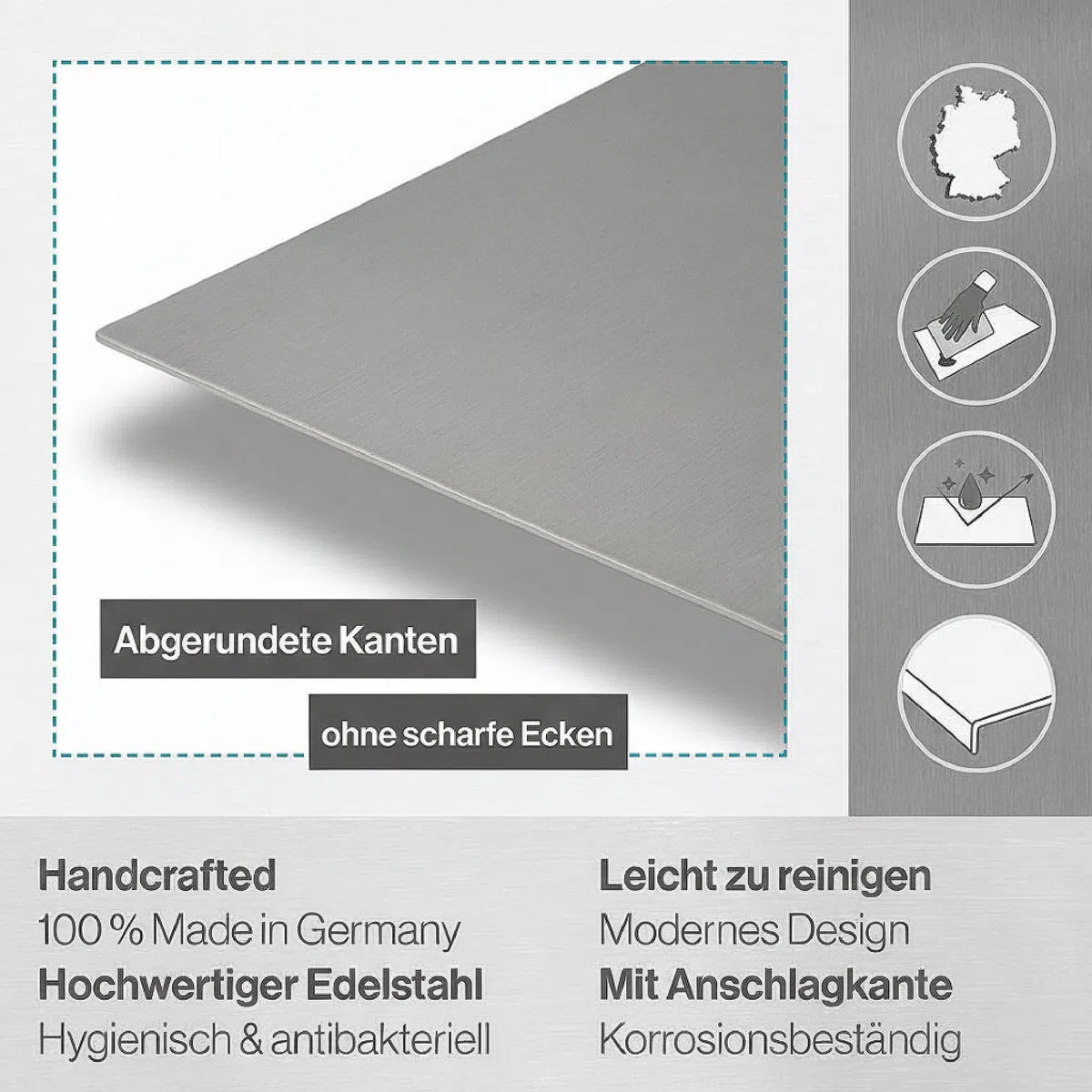 Arbeitsplatte Knetbrett Edelstahl [90x50 cm] - Für Kneten, Schneiden & Backen - Küchenplatte mit Anschlagkante - Auch als Nudelbrett, Backbrett, Teigbrett - Schneidebrett Platte Küche