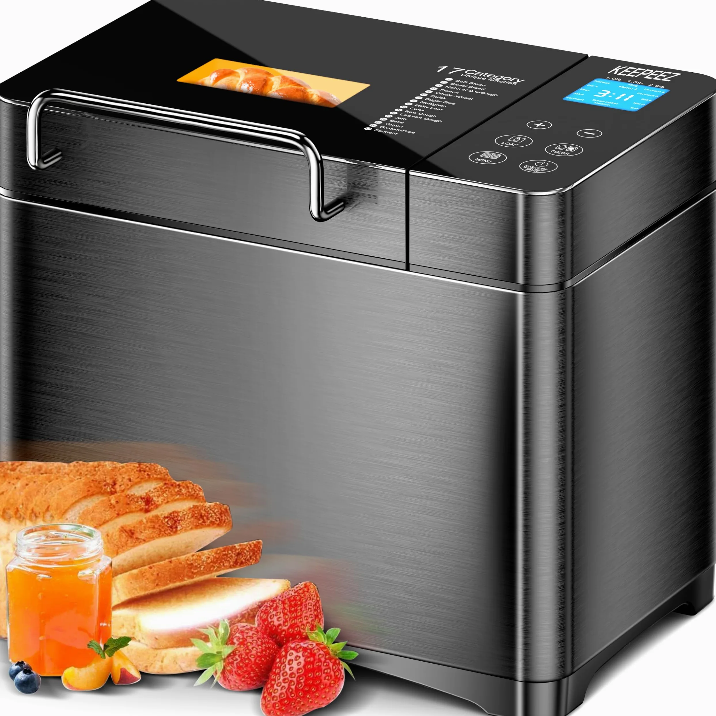 Pro 17-in-1 Vollautomatische Edelstahl Brotbackautomat mit Gesundem Keramik-Brotpfanne, 710W Konvektions-Brotmaschine, 1kg-Kapazität, Automatischem Nuss-Dispenser, Intelligentes Touchpanel