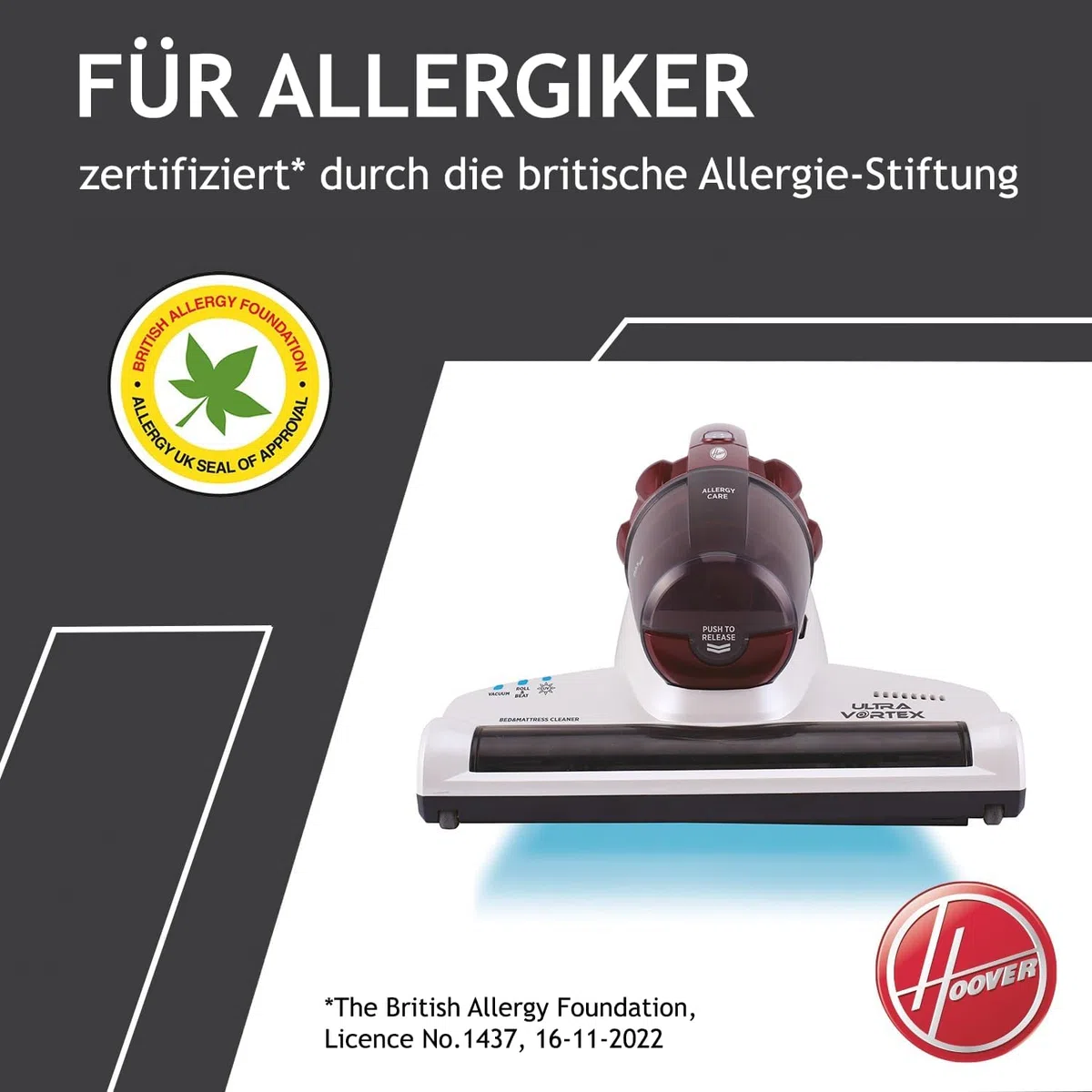 Hoover MBC500 Milbensauger mit UV-Licht, bekämpft Bettwanzen – 3in1 Matratzensauger entfernt 99,9% Bakterien, Allergene, Staub-Milben von Sofas, Polster – Matratzenreiniger für Allergiker