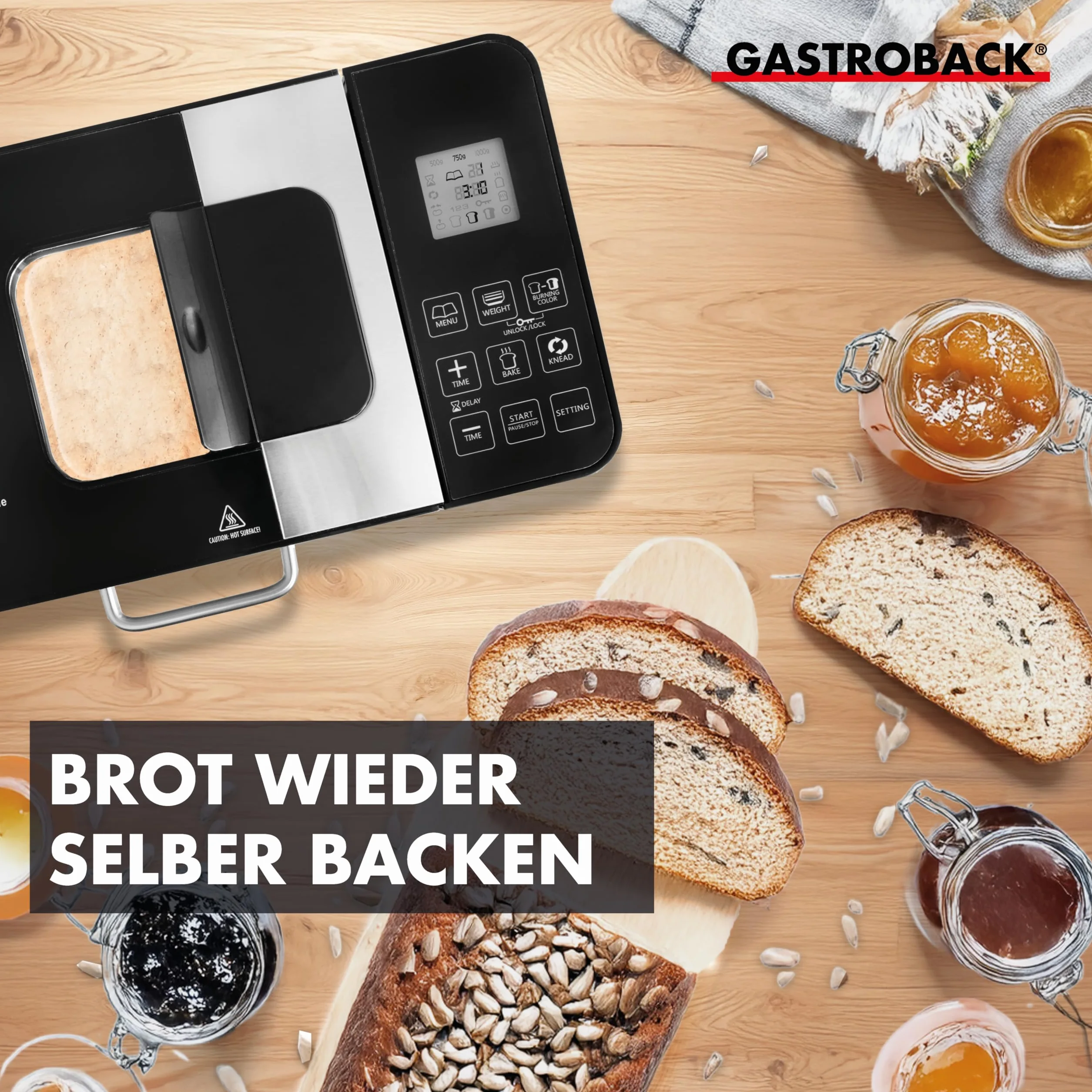 GASTROBACK Brotbackautomat Advance - Vollautomatische Brotbackmaschine + 18 Programmen inkl. Joghurtmaschine, Timer-Funktion, Zutatenfach, Sichtfenster, Brotautomat / Backmaschine in Edelstahl Optik