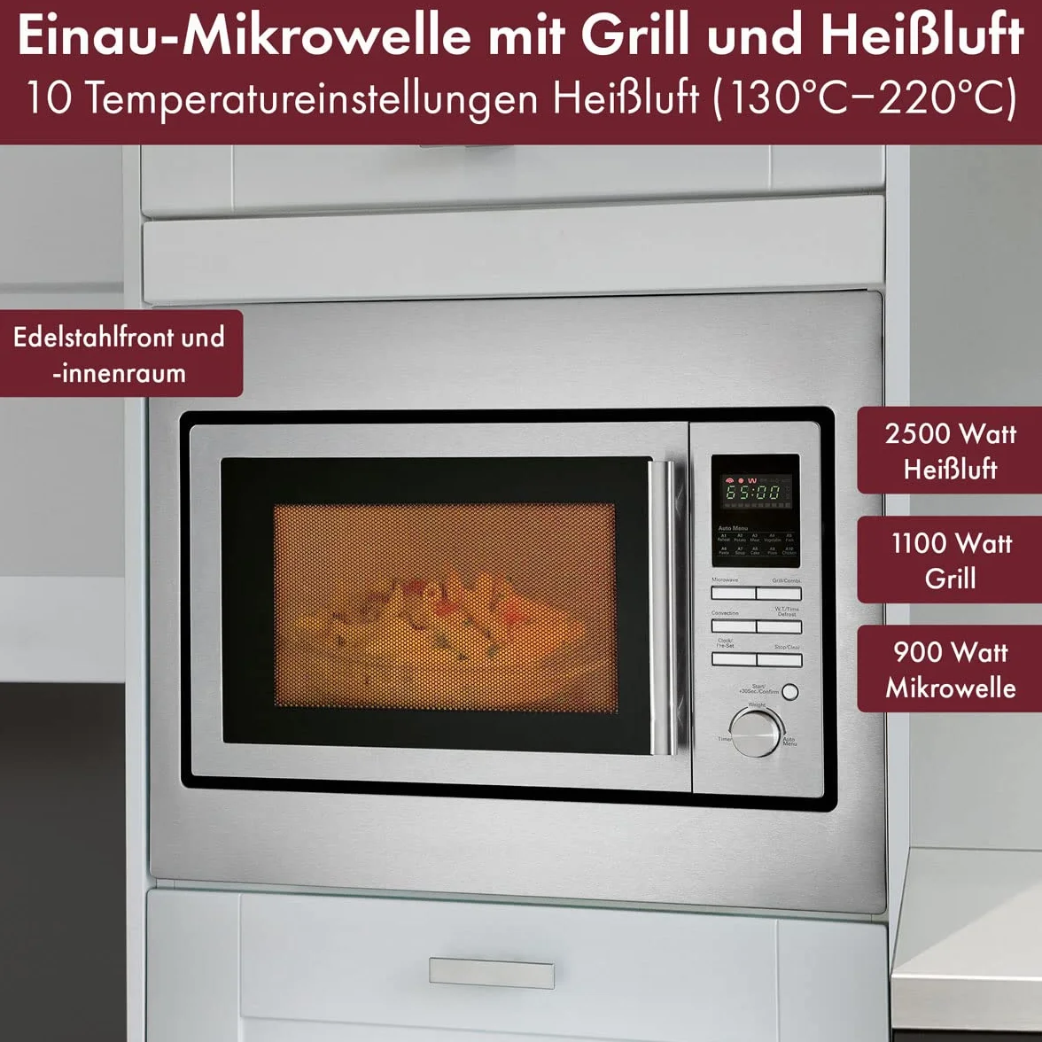 Bomann Einbaumikrowelle mit Grill und Heißluft | 60cm | 900W Mikrowelle | 1100W Grill | 2500W Heißluft | inkl. Grillrost und Drehteller | 25L Einbau Mikrowellengerät | MWG 2216 H EB inox