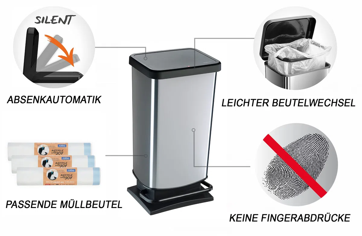 Rotho Paso Mülleimer mit Deckel 40l | Tretmülleimer in Edelstahloptik für Küche, Bad, Werkstatt | mit Soft-Close-Deckel für leises Schließen | breites Pedal | leicht zu reinigen | silber metallic