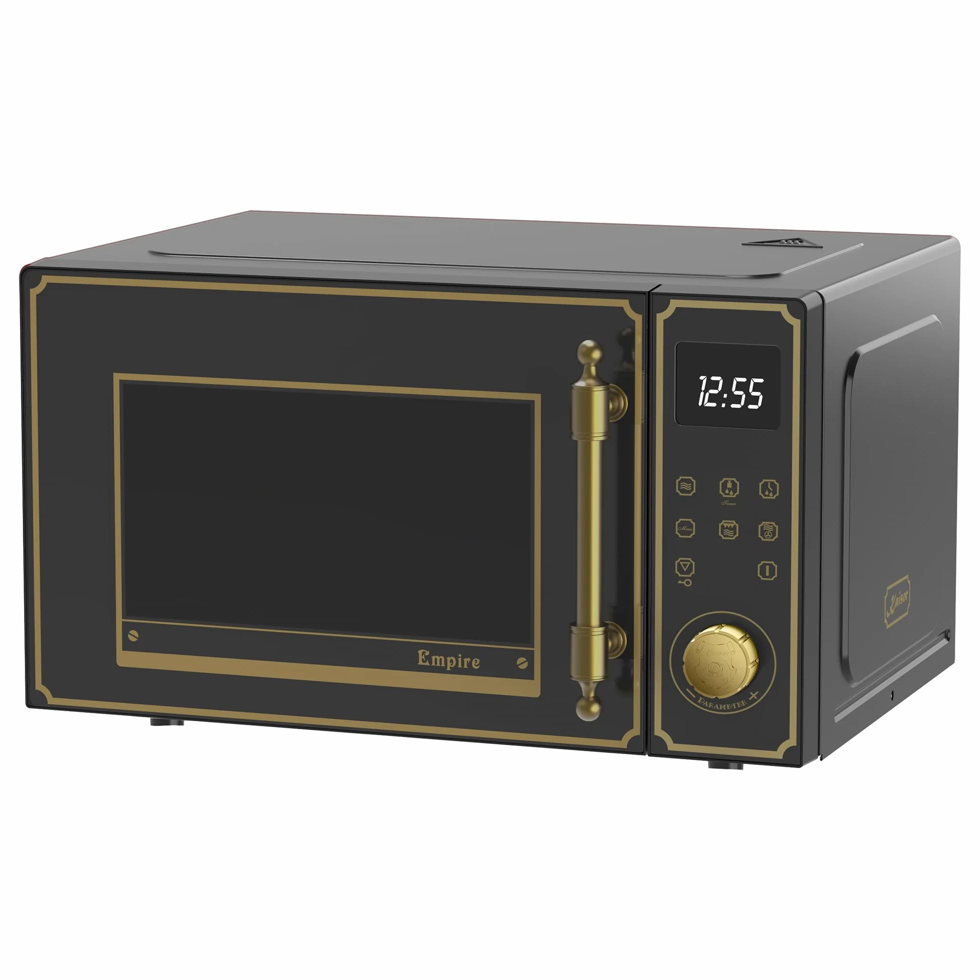 Kaiser Empire M 2530 Em Retro Mikrowelle in Schwarz | 25L | 1200W Grill | 2200W Heißluft | FullTouch-Bedienung mit Drehknebel | Glasfront | Türgriff aus echtem Metall Bronze | 25 Funktionen
