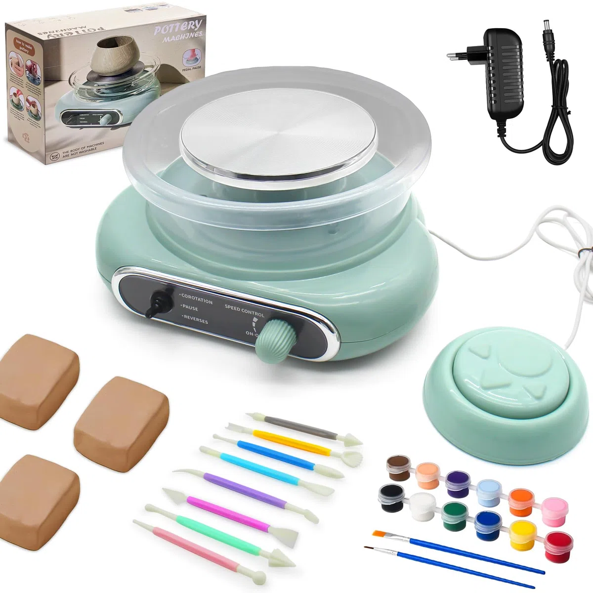 fisca Mini-Töpferscheibe, 4,7" Töpferscheibe für Kinder, Jugendliche und Erwachsene Anfänger, Plug-In-Motor, 1,32 lbs luftgetrockneter Ton, Bastelset für DIY, Keramikarbeiten und Kunstschaffen