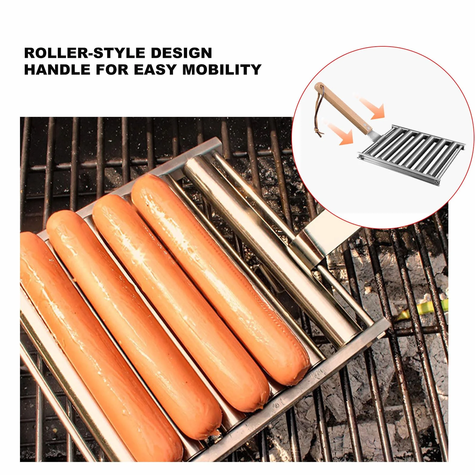 Fdit Hot-Dog-Roller für Mädchen, Abnehmbarer Hot-Dog-Wurstroller aus Edelstahl, Dampfgarer mit Extra Langem Holzgriff, BBQ-Hot-Dog-Roller für Gleichmäßiges Garen (L)
