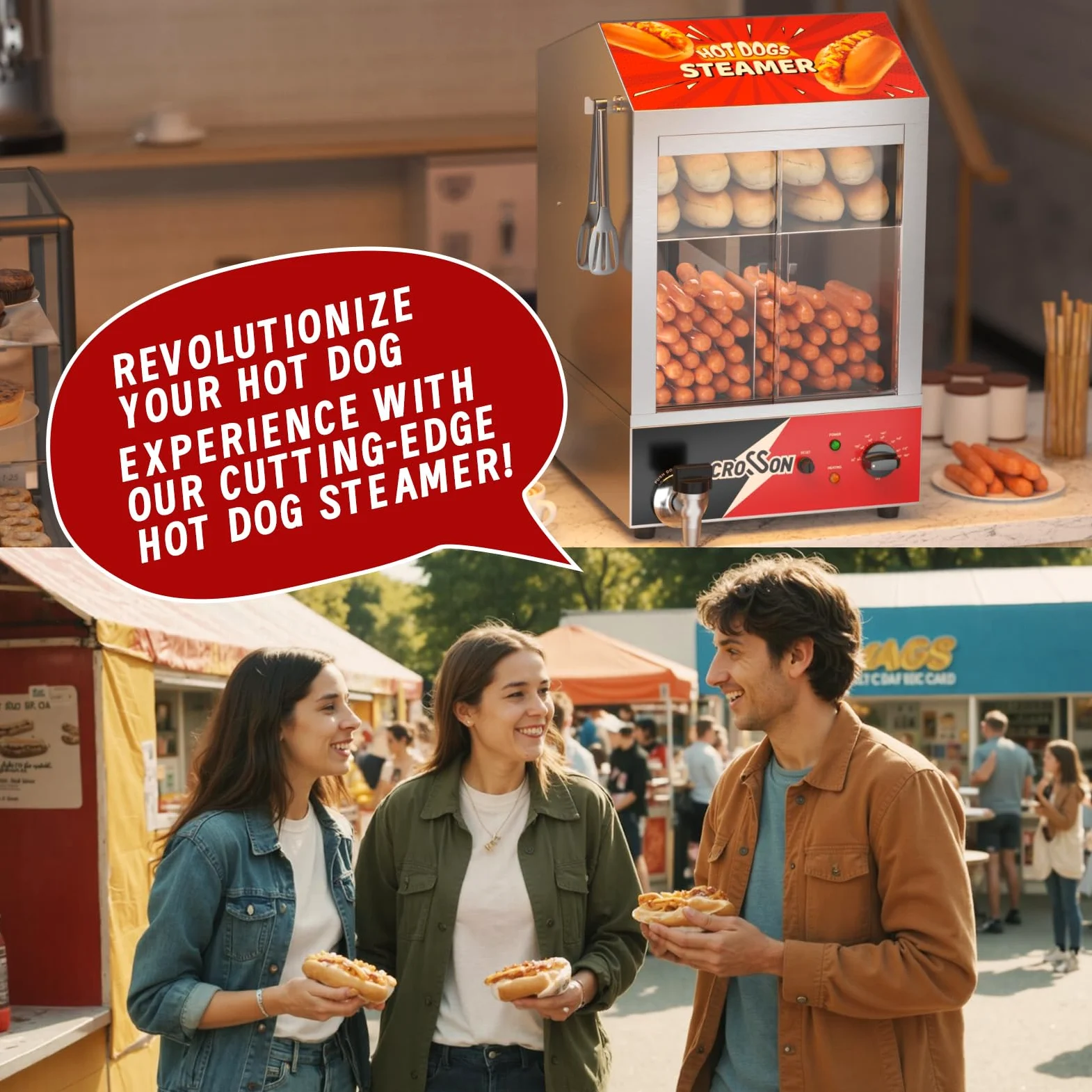 CROSSON Hot Dog Dampfgarer, 42L, 2-stöckiger Hot Dog Hut Dampfgarer, 175 Hot Dogs und 50 Brötchen Brötchen Fassungsvermögen Brötchenwärmer mit sichtbaren Schiebetüren aus gehärtetem Glas