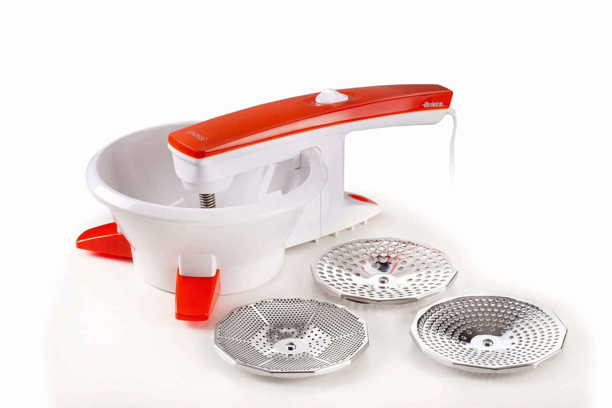 Ariete Passì Orange 2.0 261, Elektrische Passiermühle, 3 Siebscheiben Inklusive, In Einzelteile Zerlegbar und Spülmaschinenfest, 25W, Weiß/Orange