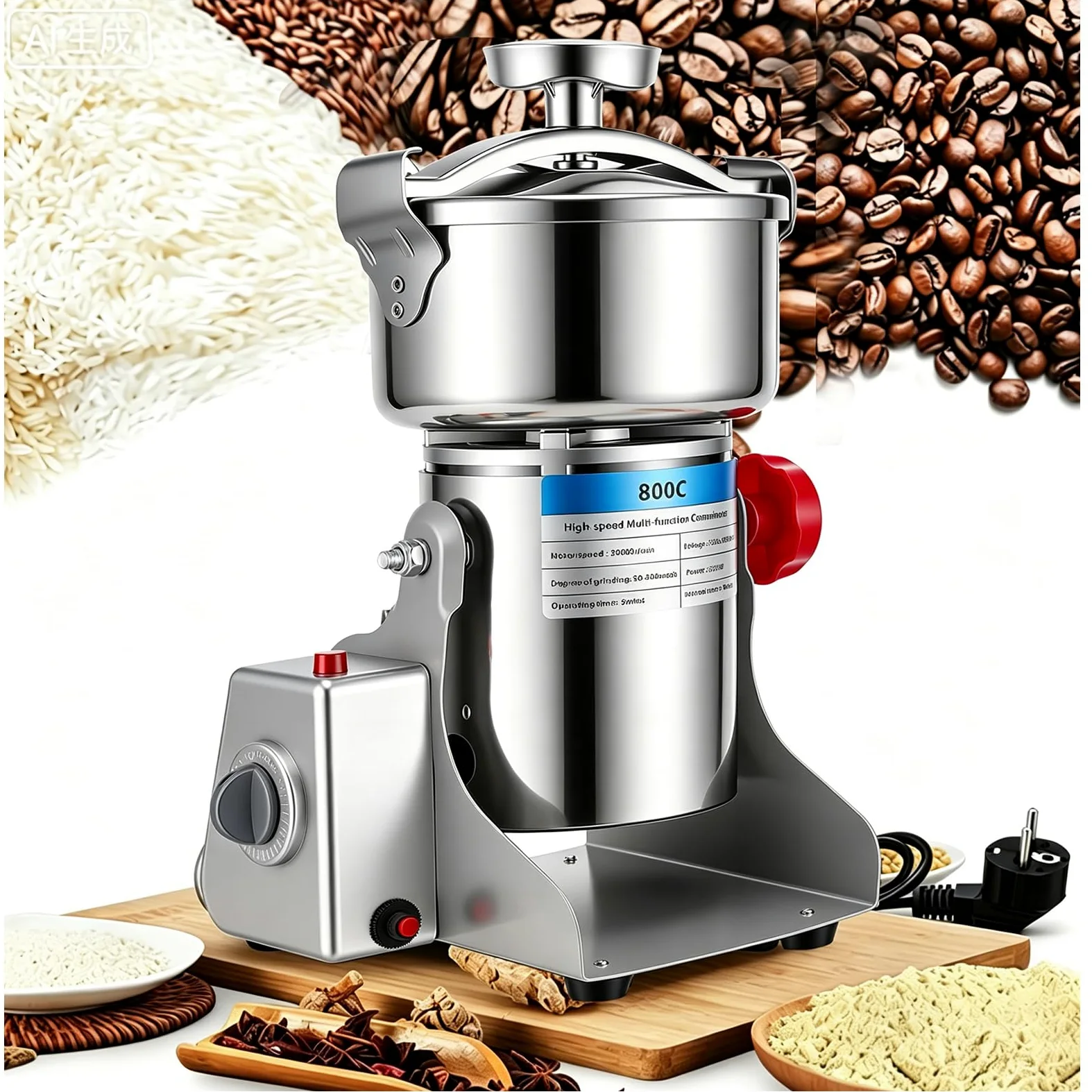 Tragbare Getreidemühle, Elektrische Edelstahl Gewürzmühle, 3500W – 304 Edelstahl, 800g Kapazität, Hochdruck-Spiraldeckel, Überlastschutz – zum Mahlen von Kräutern, Gewürzen, Nüssen & Getreide (220V)