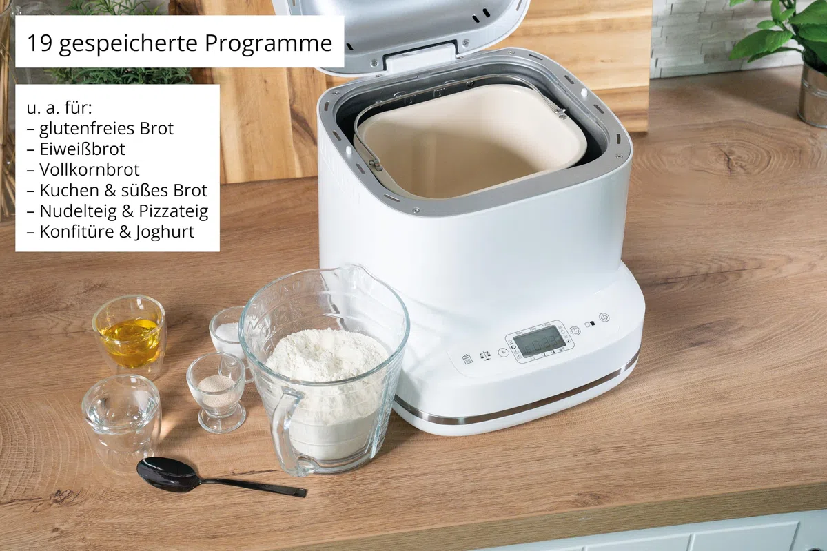 Unold Backmeister Bernd 68120, bis 1000 g Gewicht, 19 Programme, individuelles Programm, Zeitvorwahl, Antihaftbeschichtet, LCD-Display, entnehmbare Backform, 550 Watt, Weiß