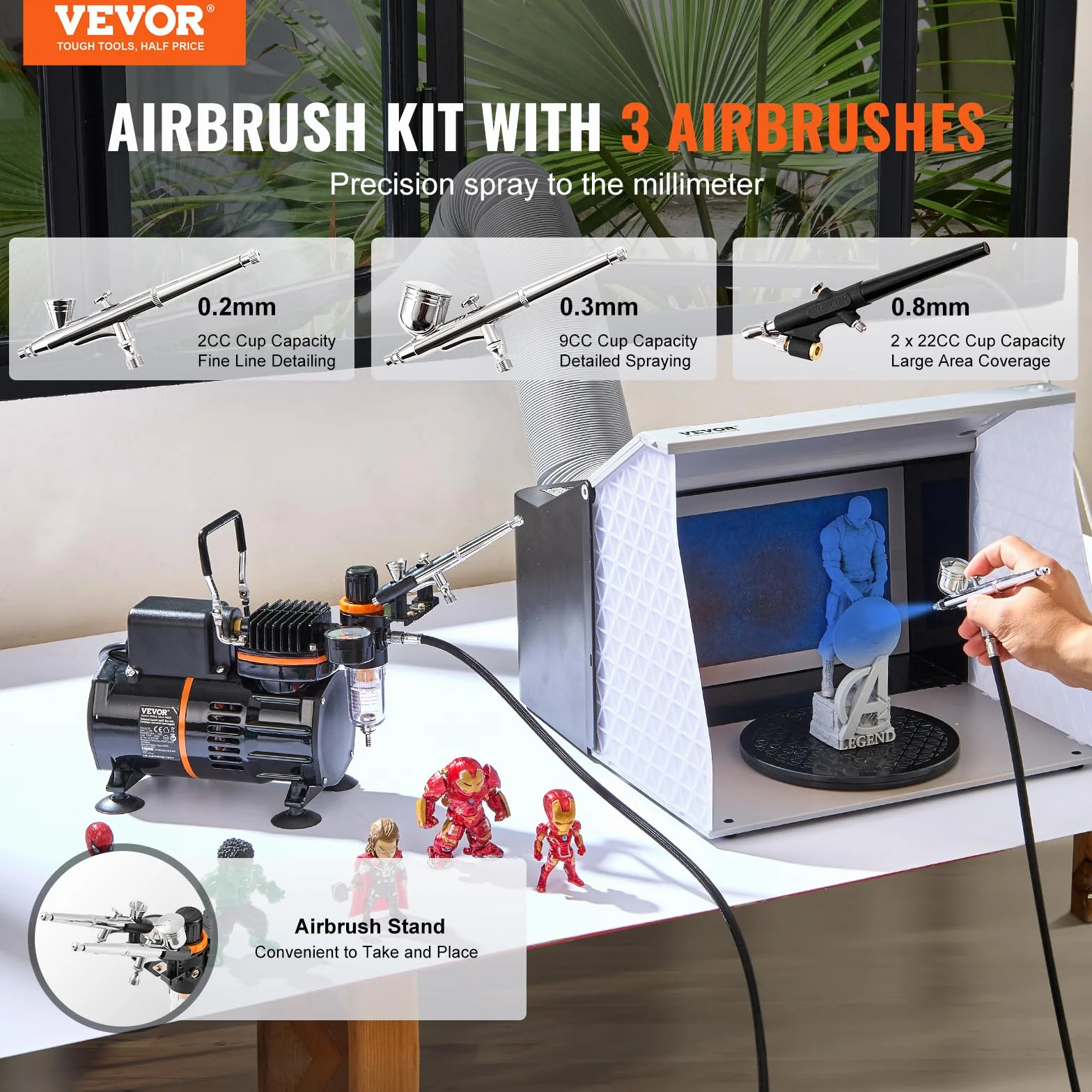 VEVOR Airbrush-Set, Luftkompressor mit Doppellüfter, professionelles Airbrush-System-Set mit 3 Airbrushes, Halter, Farbmischrad, Reinigungsbürsten-Set, Airbrush-Set für Kunst, Nägel, Kekse, Make-up, K