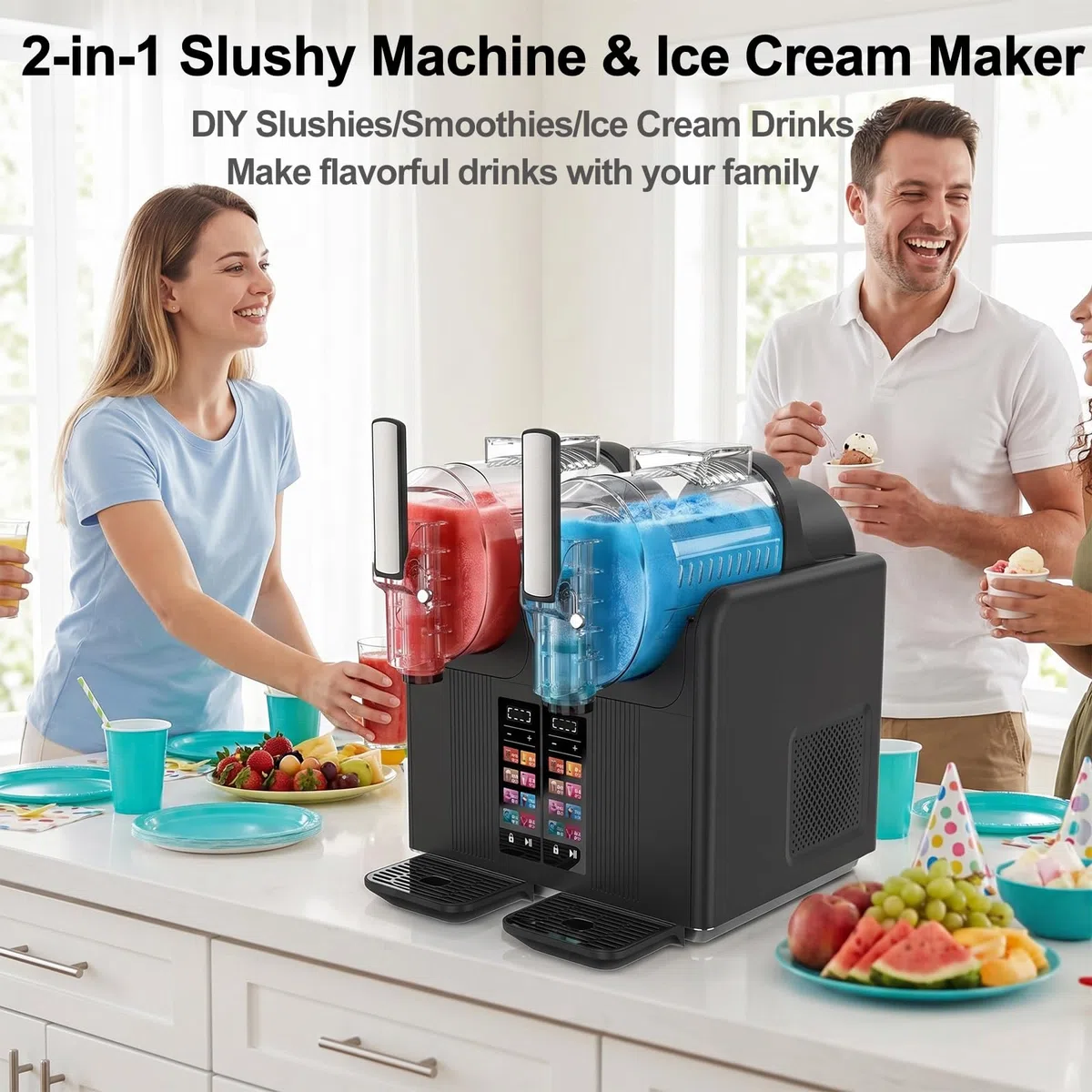 Slush Eis Maschine & Eismaschine 2-in-1, Zwei Tanks, Schwarz | 7 Voreingestellte Programme, Für Margaritas, Frappés, Milchshakes, Selbstreinigung, Privater und Gewerblicher Gebrauch