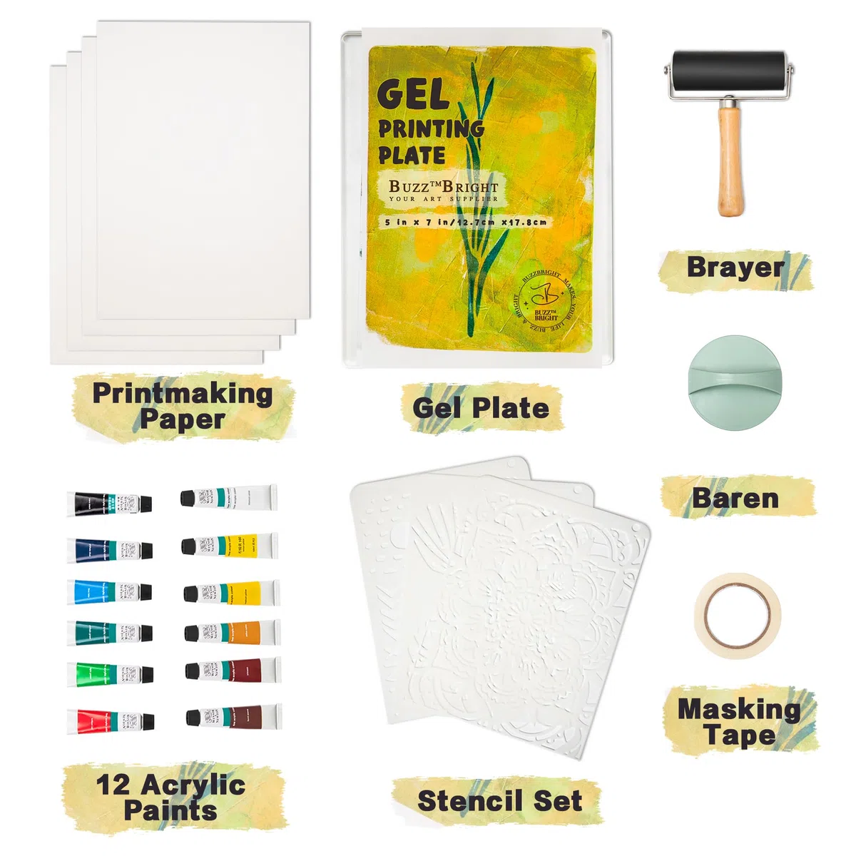 BuzzBright Gel-Druckplatten-Set, komplettes Druckherstellungs-Set mit 12,7 x 17,8 cm Gelatineteller, Brayer, Druckpapier, Acrylfarbe und unverzichtbaren Werkzeugen für Kunstwerke mit gemischten Medien